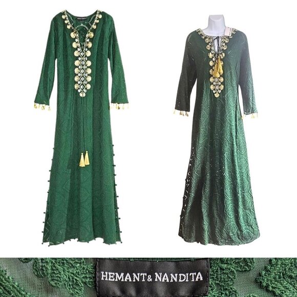 NWT HEMANT & NANDITA Viridian Aari Zardozi Metallic Embroidered Tassel Caftan L - Picture 1 of 10